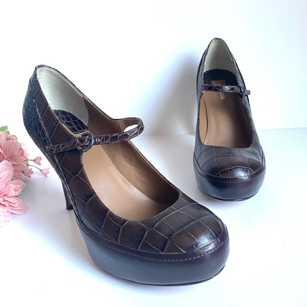 Max Studio Calla Brown Croco Embossed Leather Mary Jane High Heel Pumps